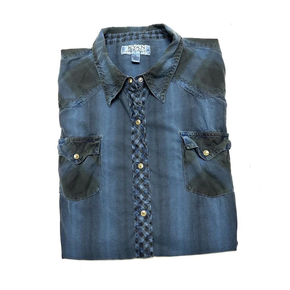 Ryan Michael Western Snap Shirt Size XL Dyed Teal Blue Featherweight Cotton LS